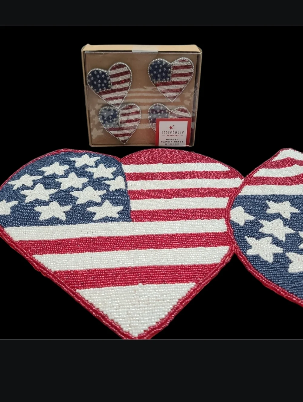 x4 July 4th Patriotic Heart Americana Beaded Napkin Rings & Table Runner Set New